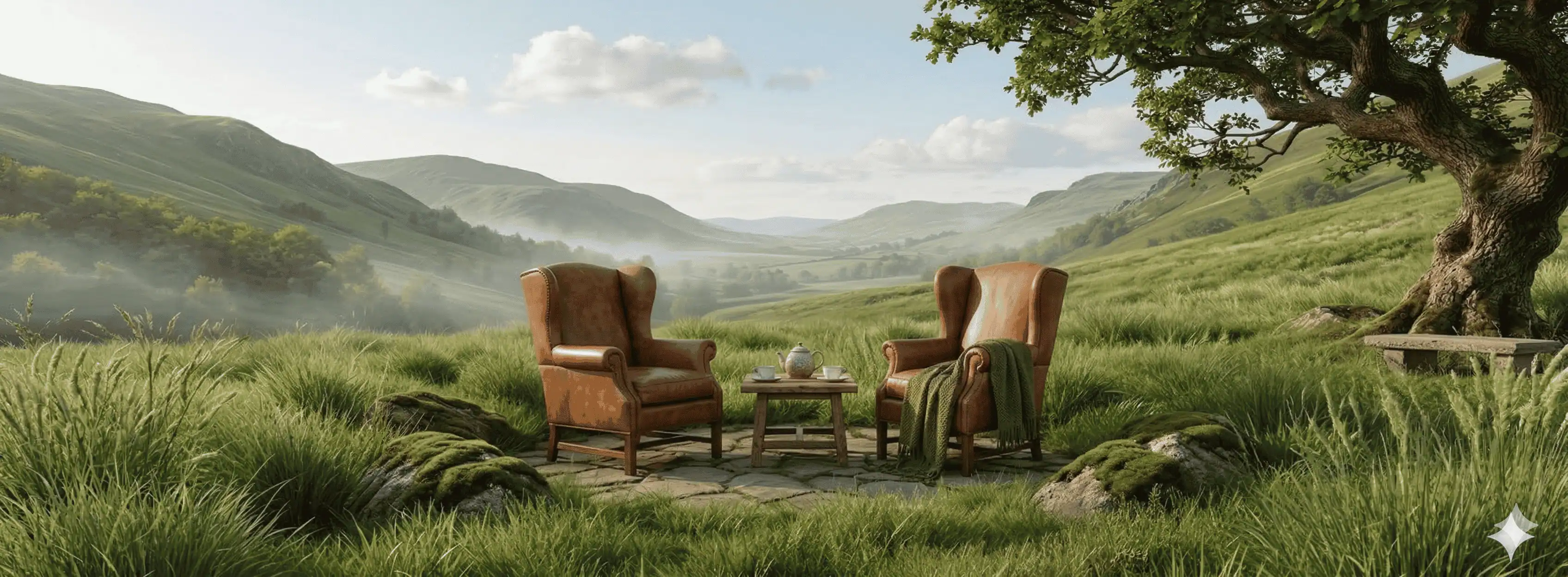 Two therapy chairs in a green landscape