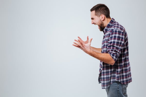 A bearded man in a plaid shirt shouting with raised hands